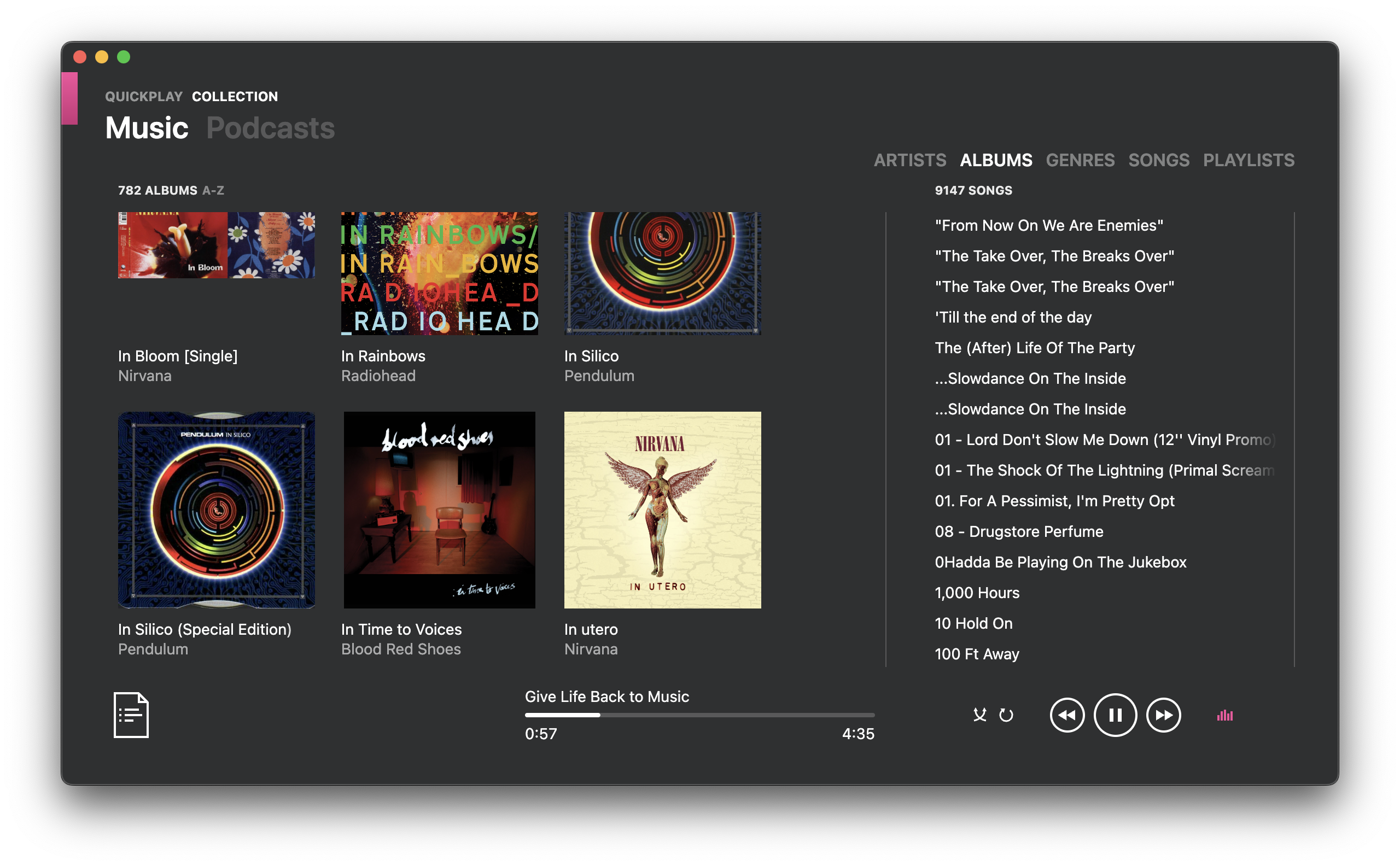 screenshot of Albums tab in Music screen