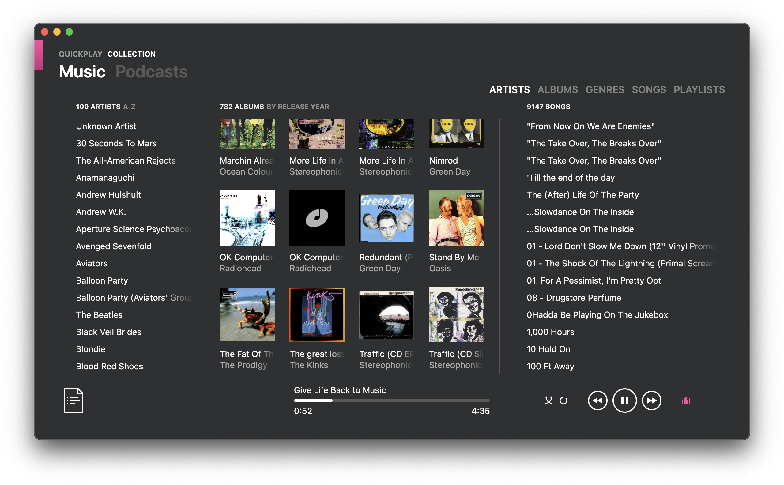 screenshot of Artists tab in Music screen