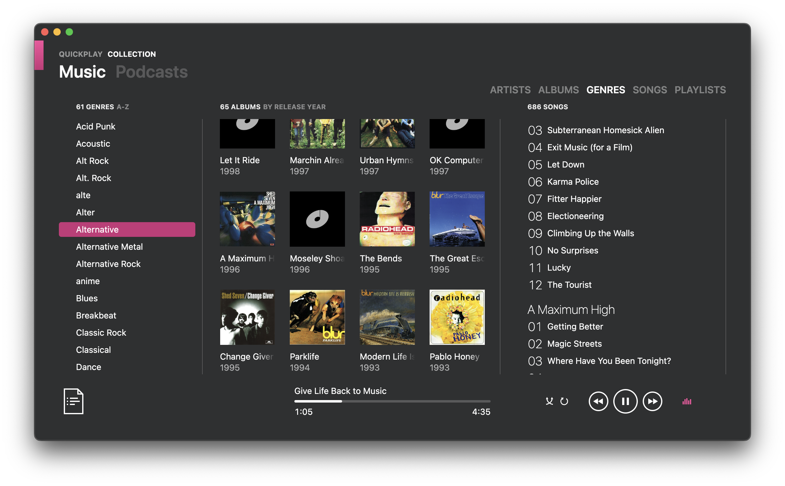 screenshot of Genres tab in Music screen