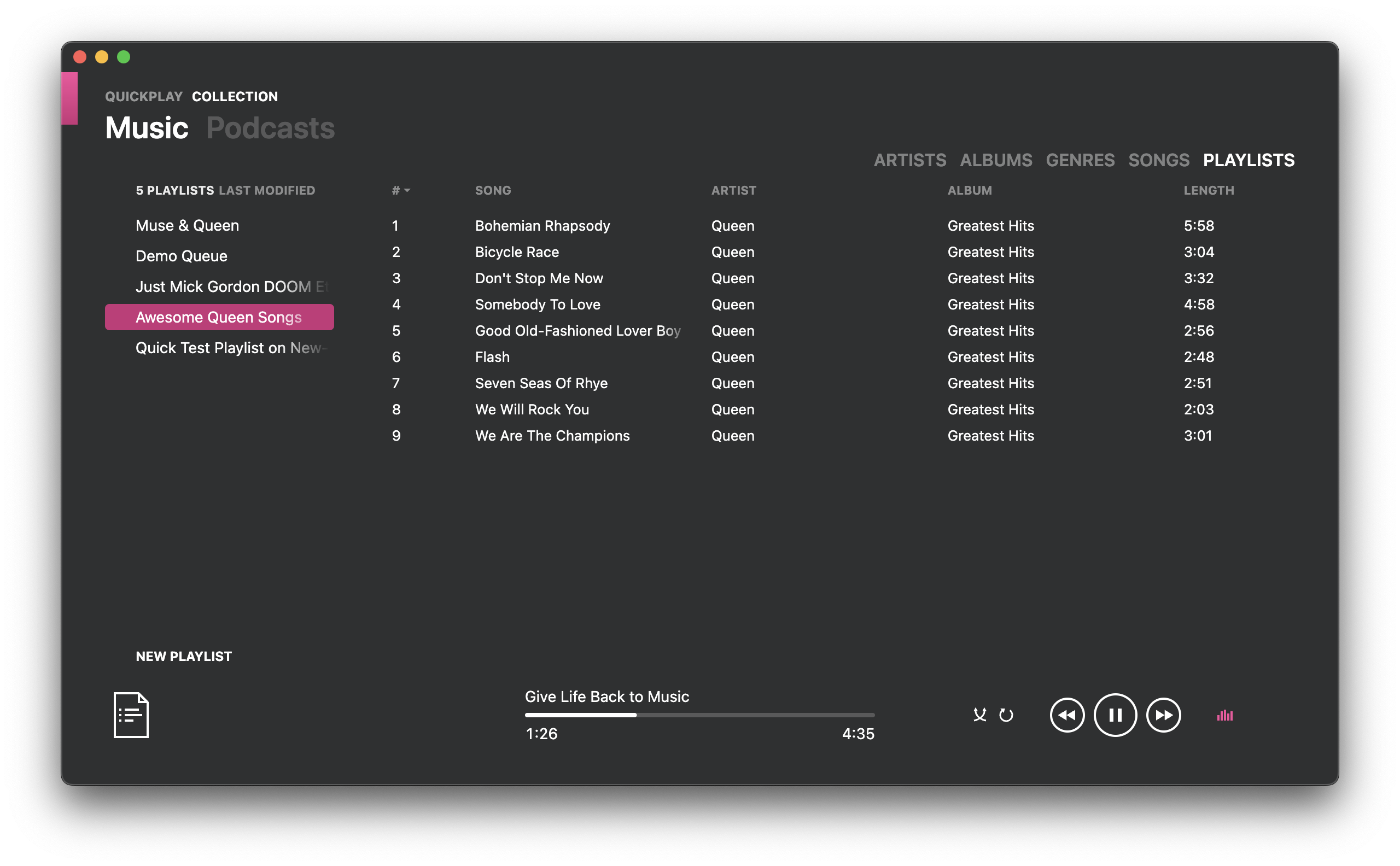 screenshot of Playlists screen