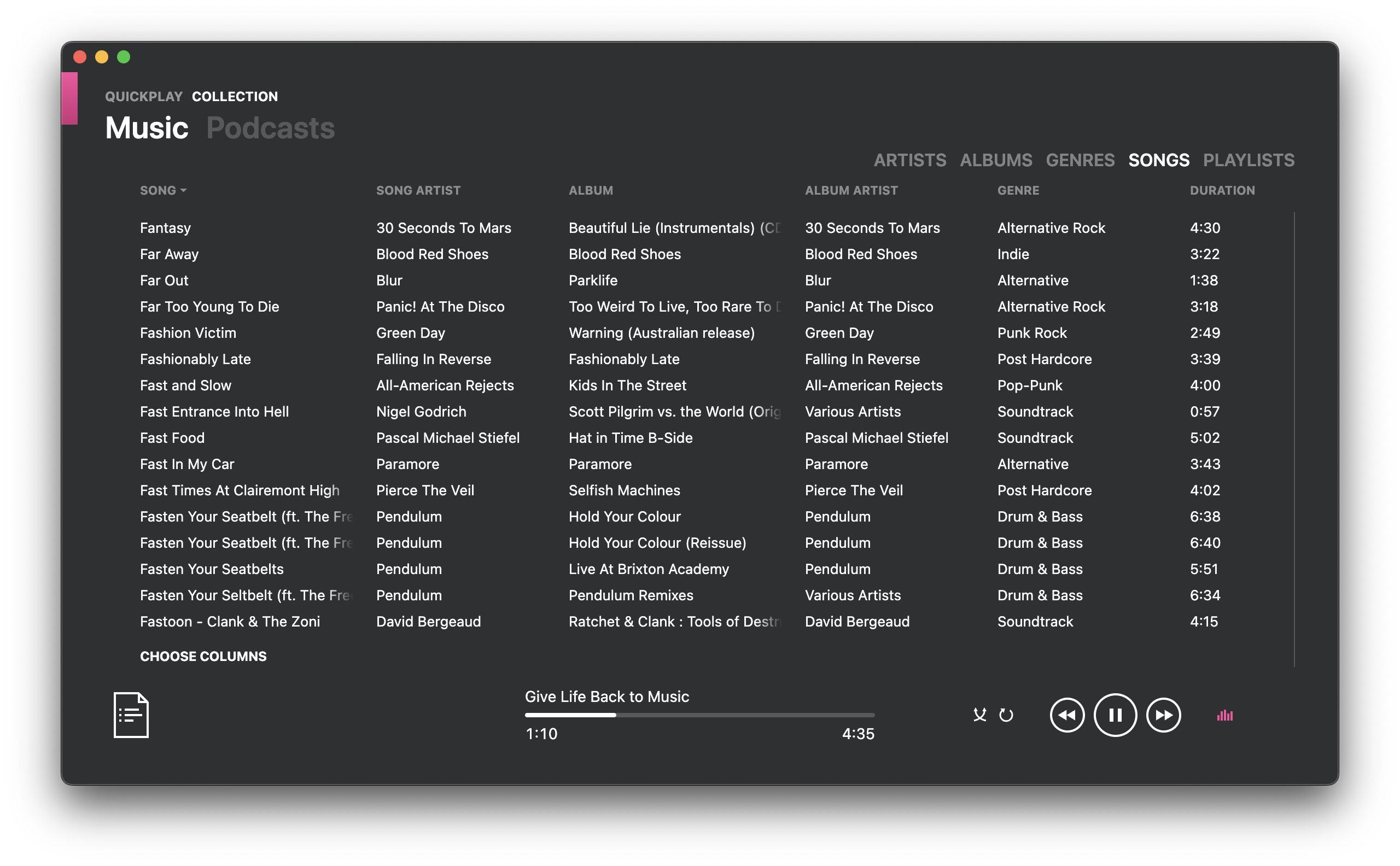 screenshot of Songs tab in Music screen