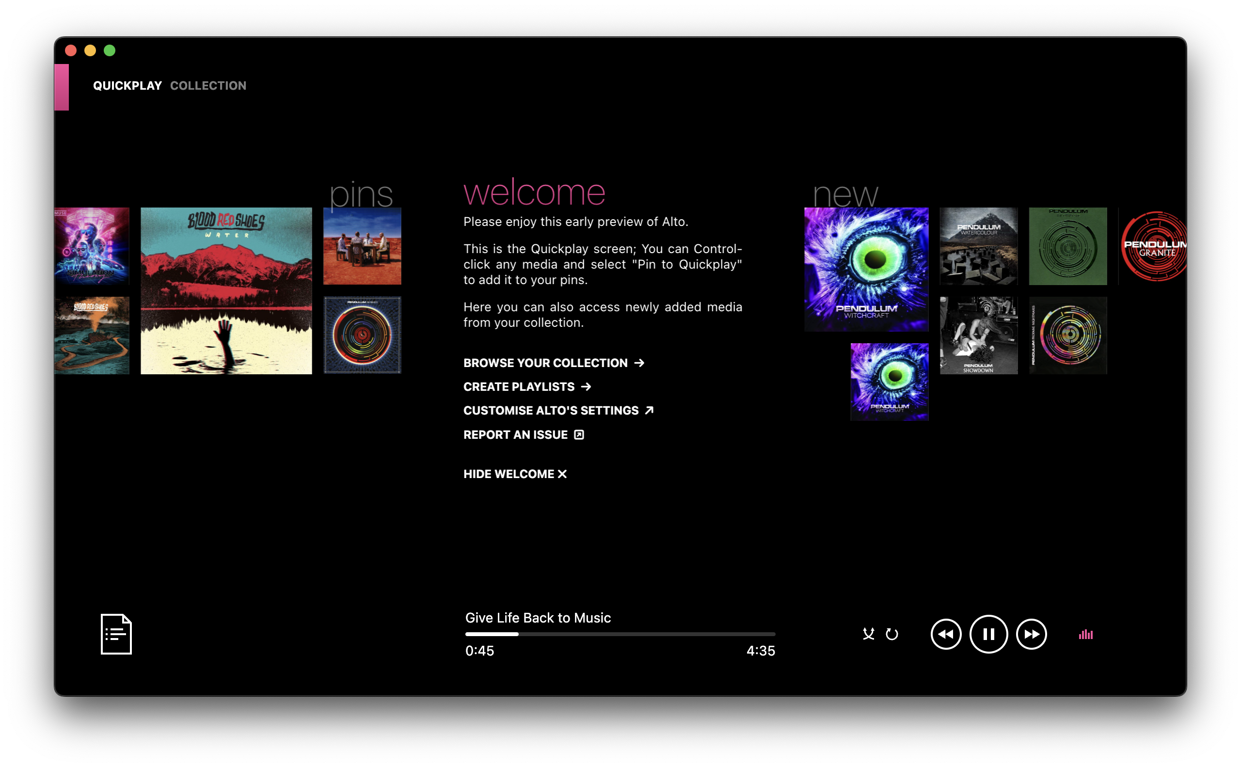 screenshot of Alto Quickplay screen